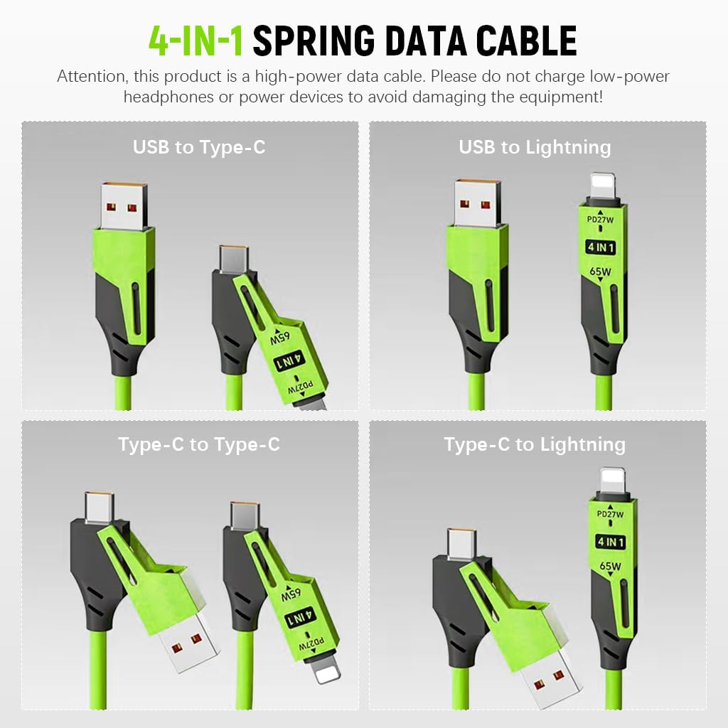 🔋 4-in-1 PD65W Fast Charging Spring Data Cable
