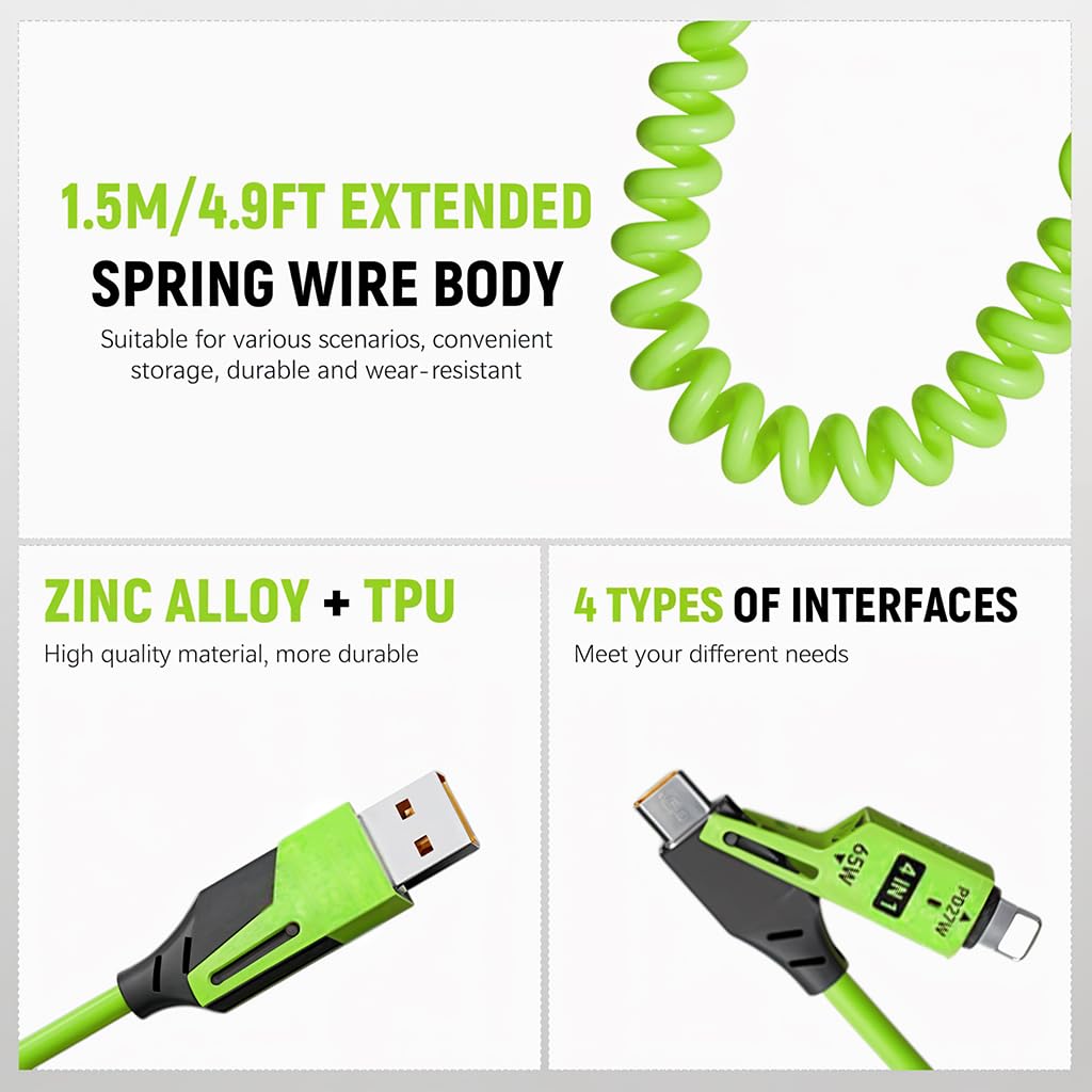 🔋 4-in-1 PD65W Fast Charging Spring Data Cable